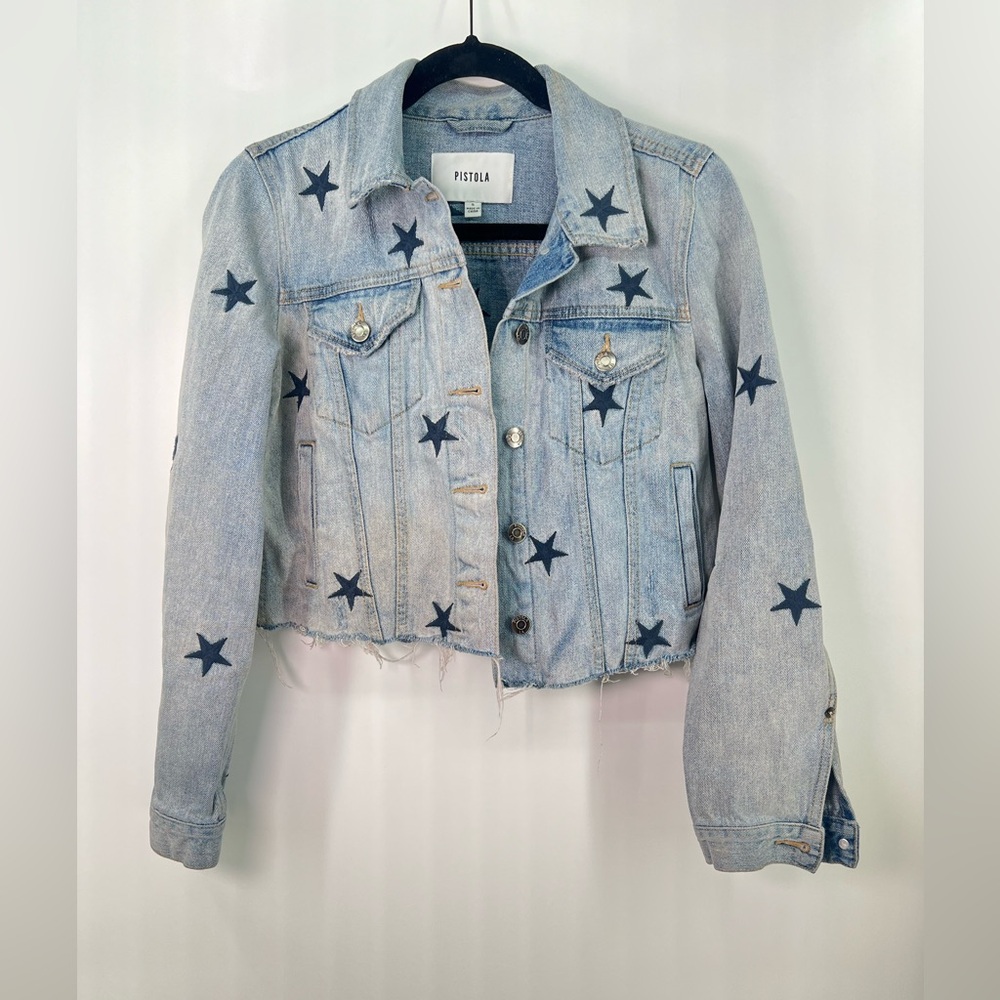 Pistola Brando Light Blue Navy Star Embroidered Denim Jean Jacket Raw Hem Small - Picture 5 of 10